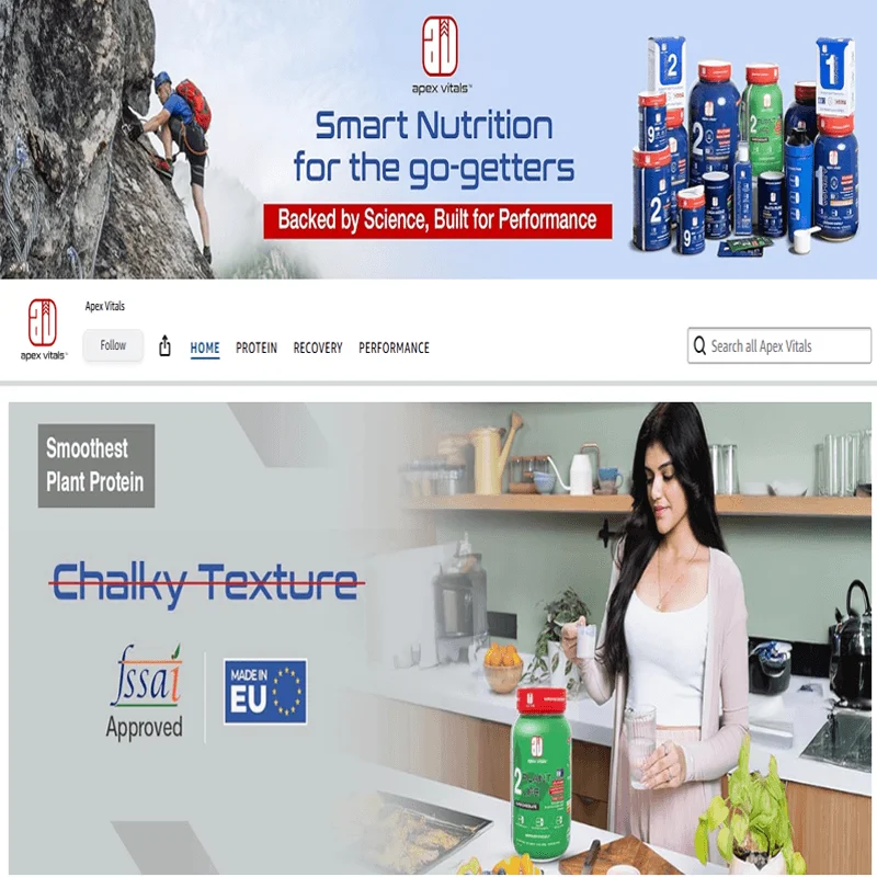 Apex Vitals direct-to-consumer (D2C) nutrition website showcasing protein supplements, performance nutrition, and online shopping.