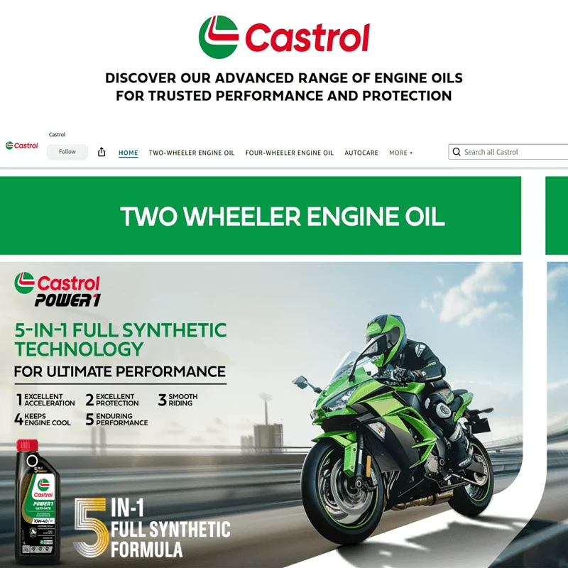 Castrol direct-to-consumer (D2C) engine oil website showcasing two-wheeler engine oils, automotive lubricants, and online shopping.