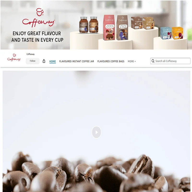 Coffeeway direct-to-consumer (D2C) coffee website showcasing flavored coffee products, instant coffee jars, and an online shopping experience.