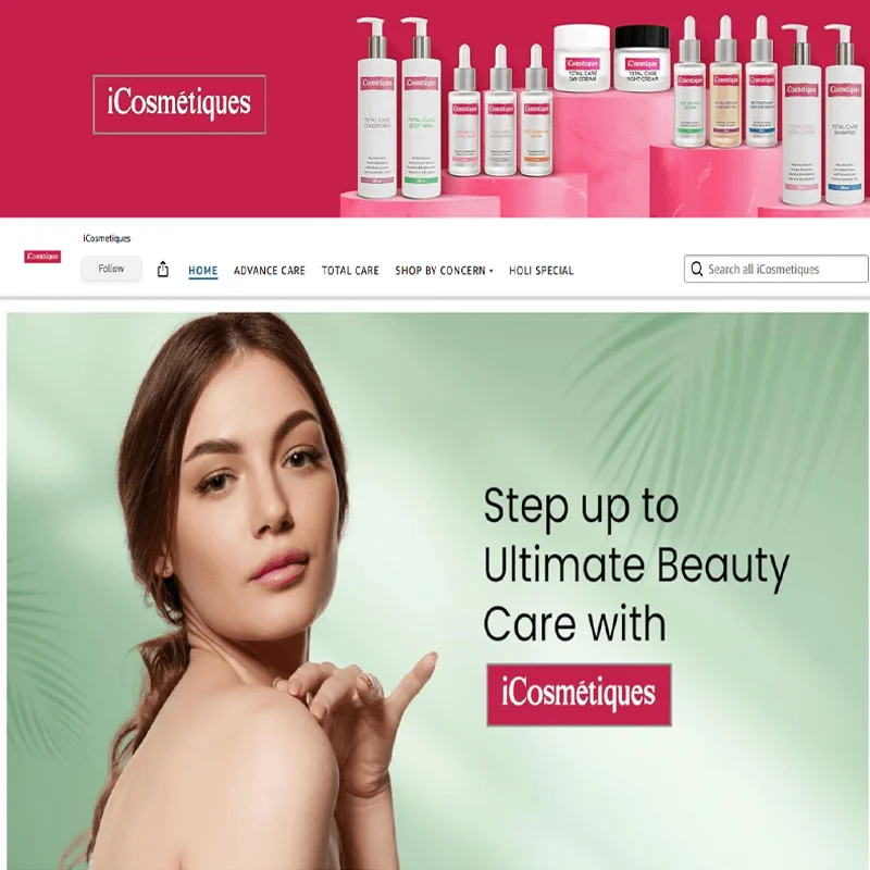 Screenshot of the iCosmétiques D2C skincare website showcasing beauty products, skincare collections, and an online shopping experience.